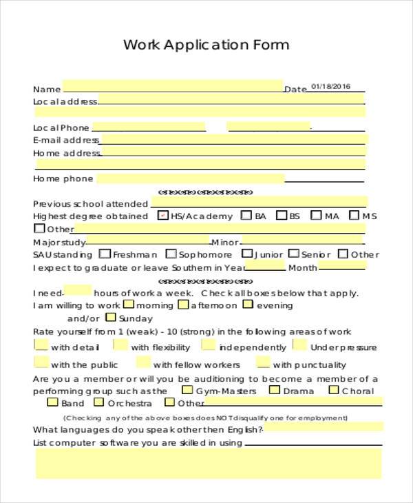 work application form example