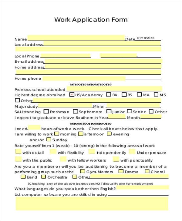 FREE 7+ Sample Work Application Forms in PDF | MS Word