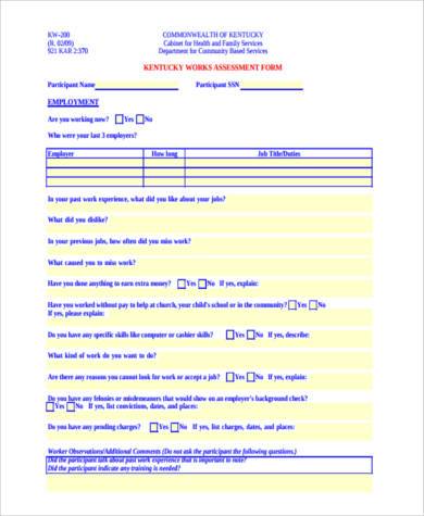 work assessment form example