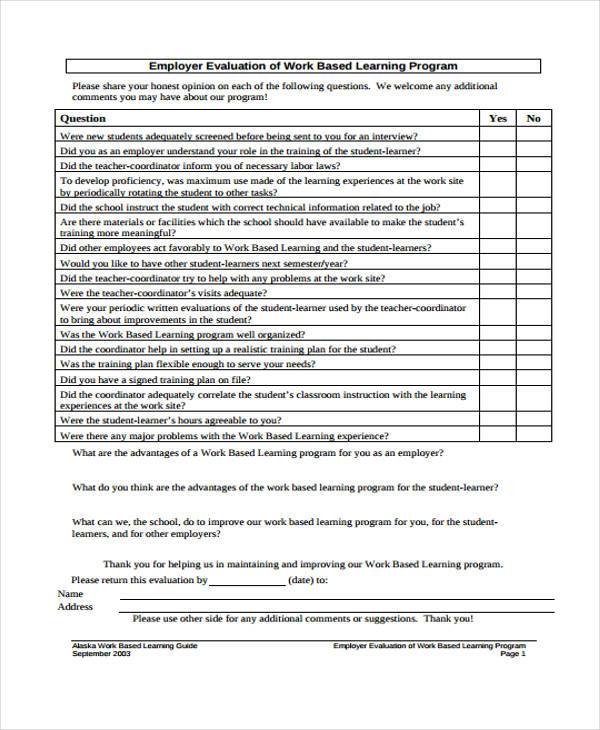 work based learning employer evaluation form