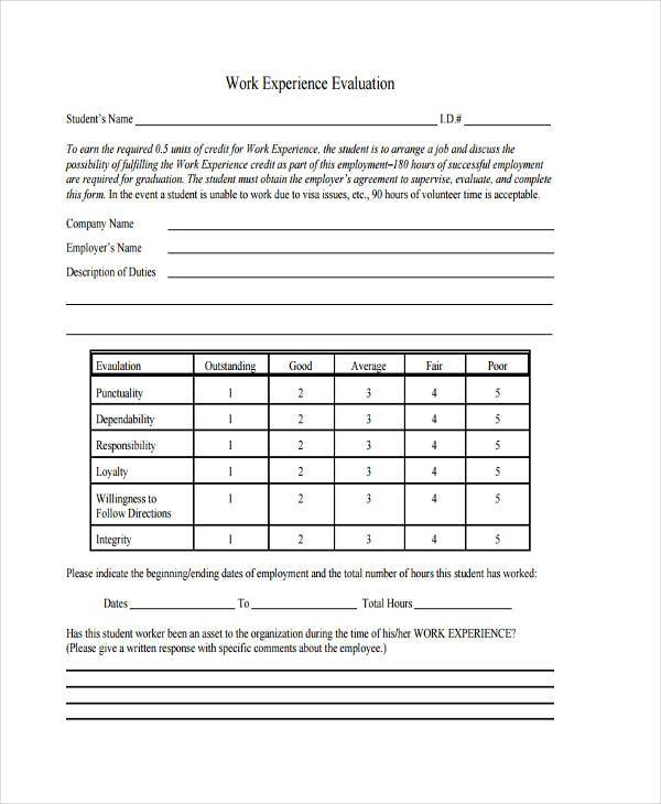 work evaluation form example