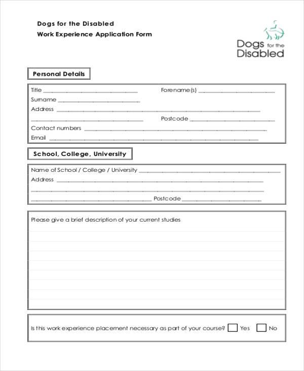 work experience application form