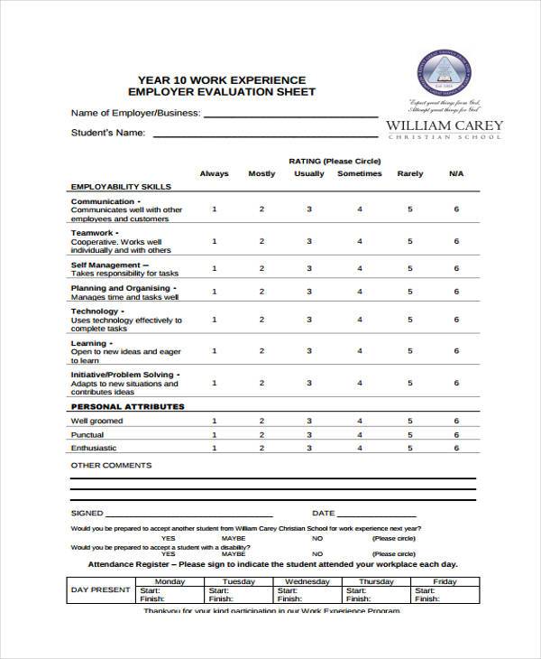 work experience employer evaluation form