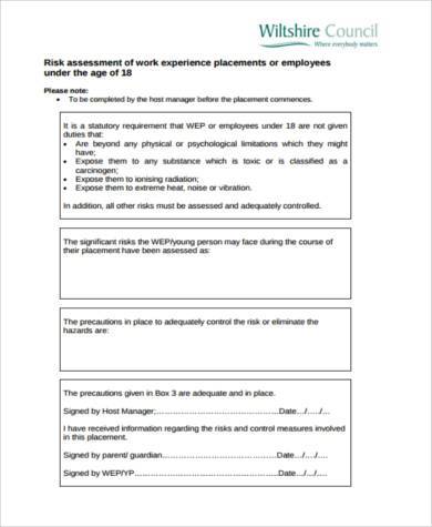 work experience risk assessment form