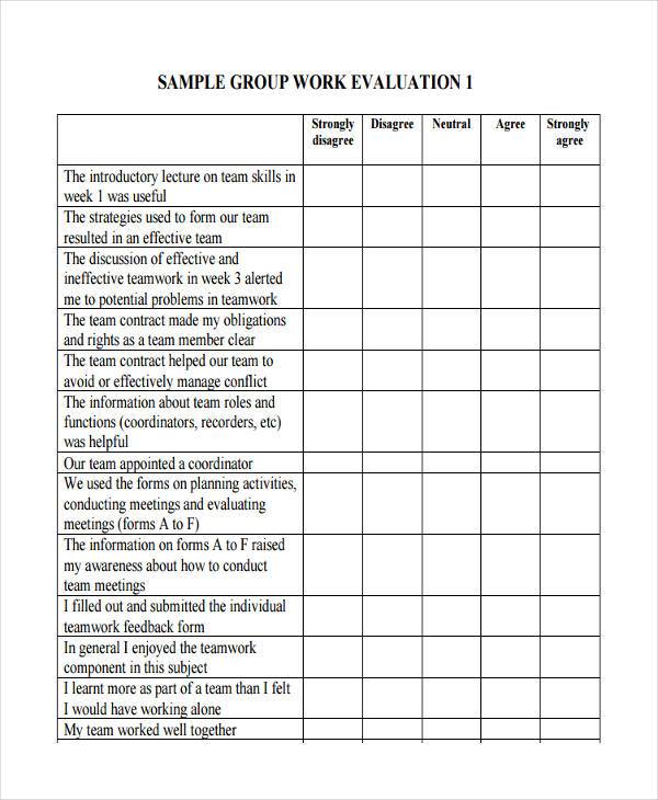 Evaluation Form For Group Work