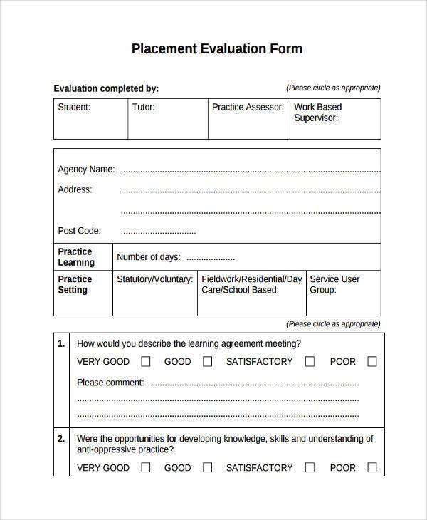 work placement evaluation form