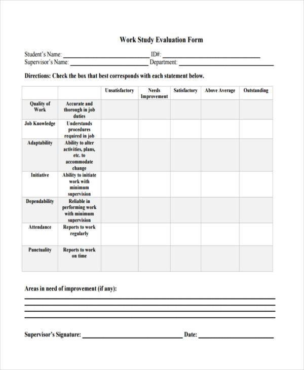 work study evaluation form