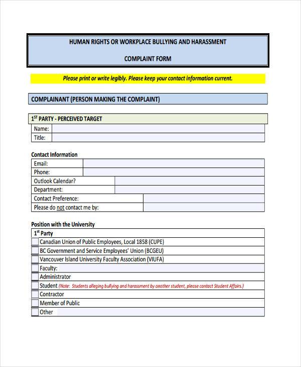workplace bullying complaint form