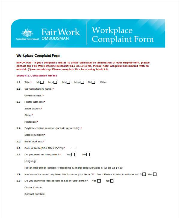workplace complaint form doc