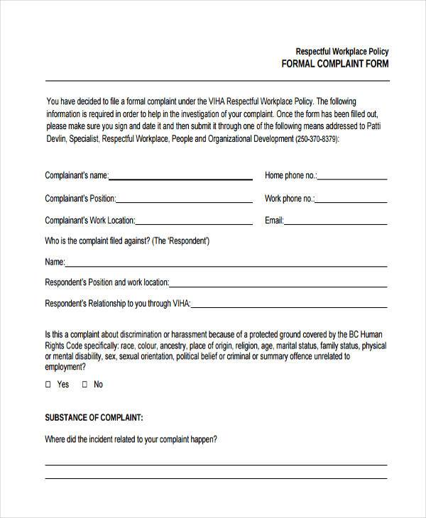 FREE 10+ Workplace Complaint Forms in PDF MS Word