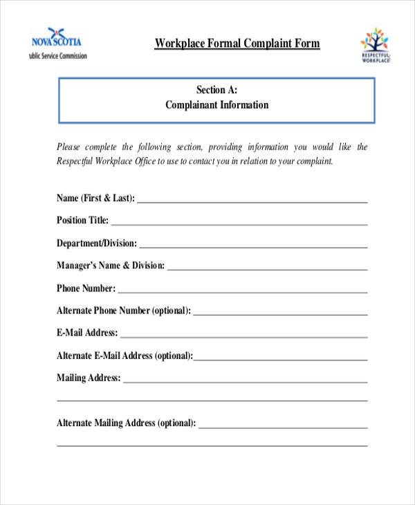 Free 10 Formal Complaint Forms In Pdf Ms Word Excel 8223