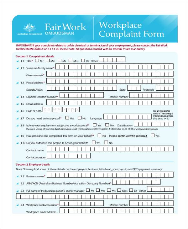 workplace generic complaint form