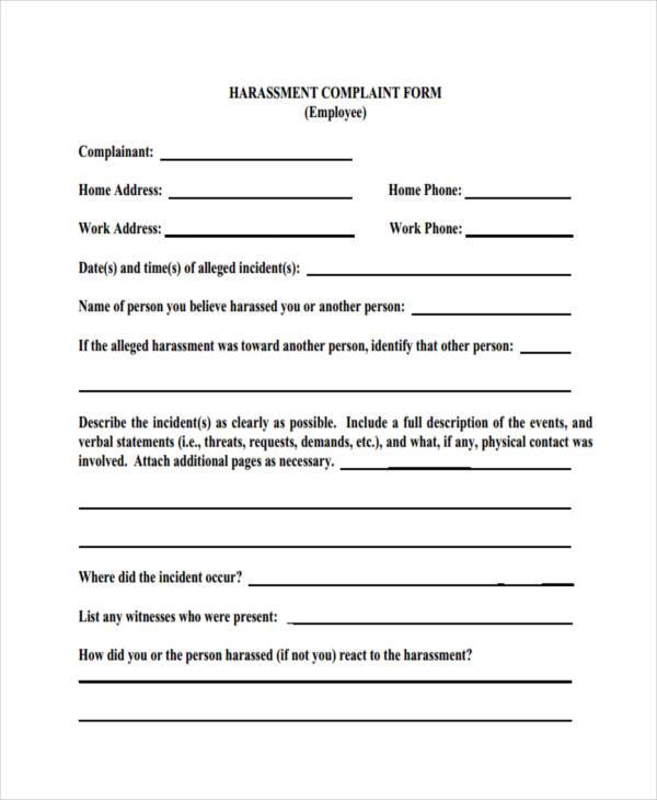 Workplace Harassment Complaint Form Template