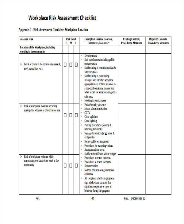 workplace risk assessment checklist form