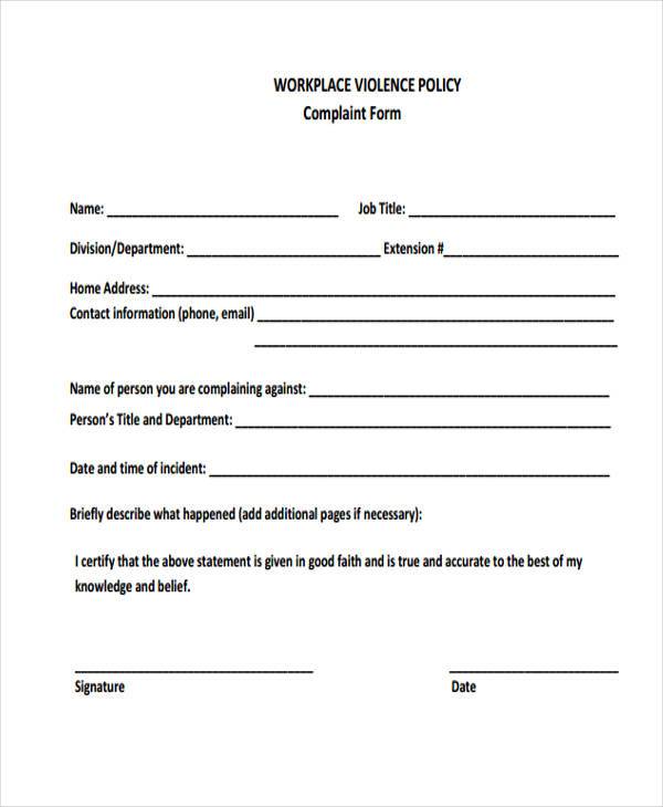 workplace violence policy complaint form