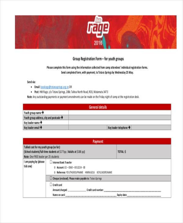 youth group payment registration form