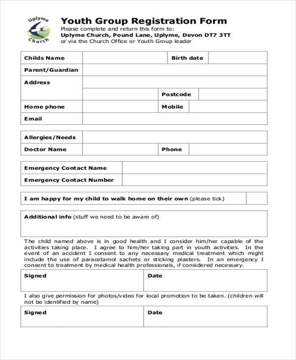 youth group registration form example