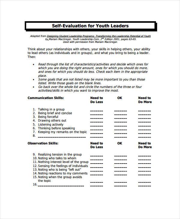 youth leaders evaluation form