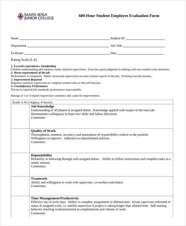 600 hour student employee evaluation form