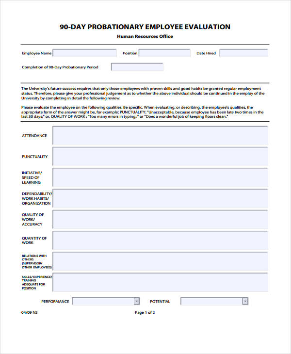 90 day employee performance appraisal evaluation form1