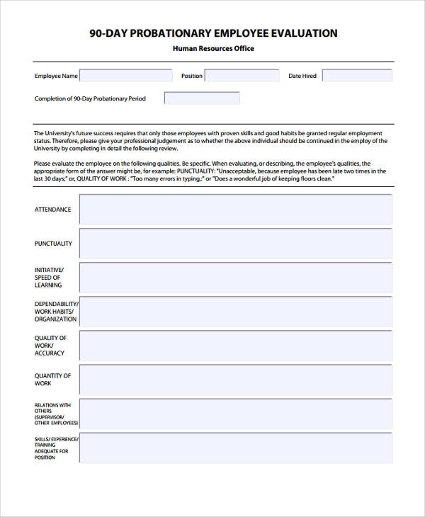 90 day employee performance evaluation form