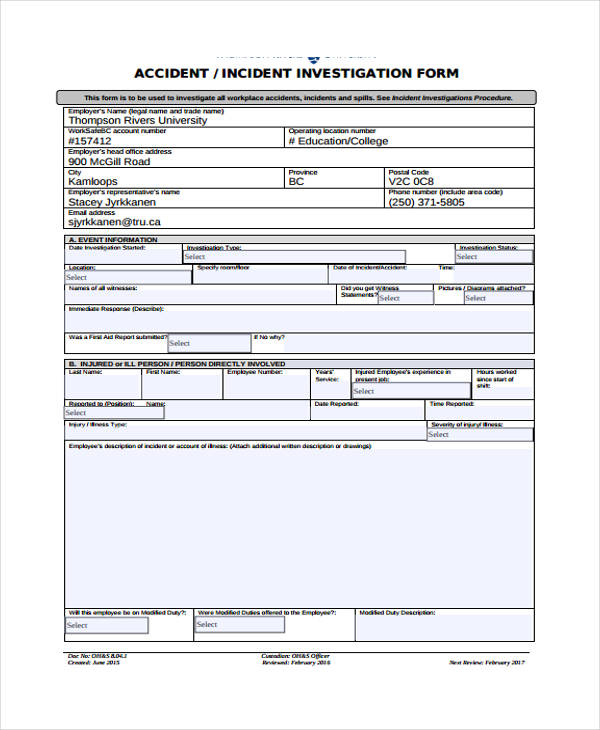 Incident Report Forms Printable