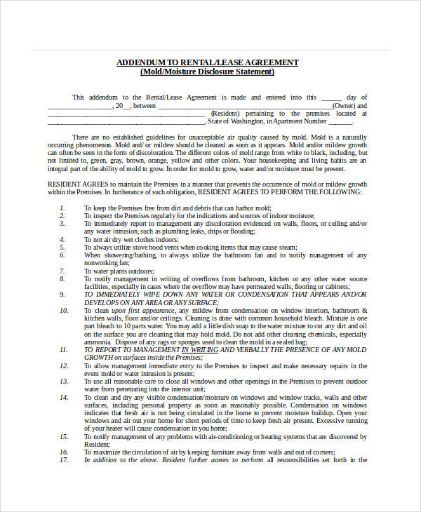 addendum to lease agreement form