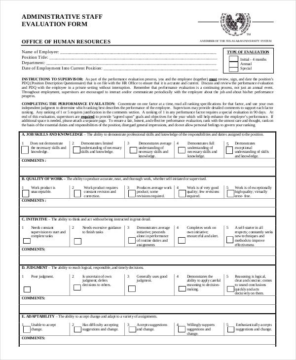 administrative staff employee evaluation form