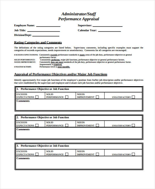 administrator staff performance appraisal form