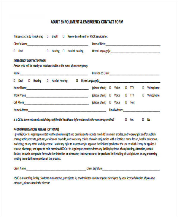 adult enrollment emergency contact form