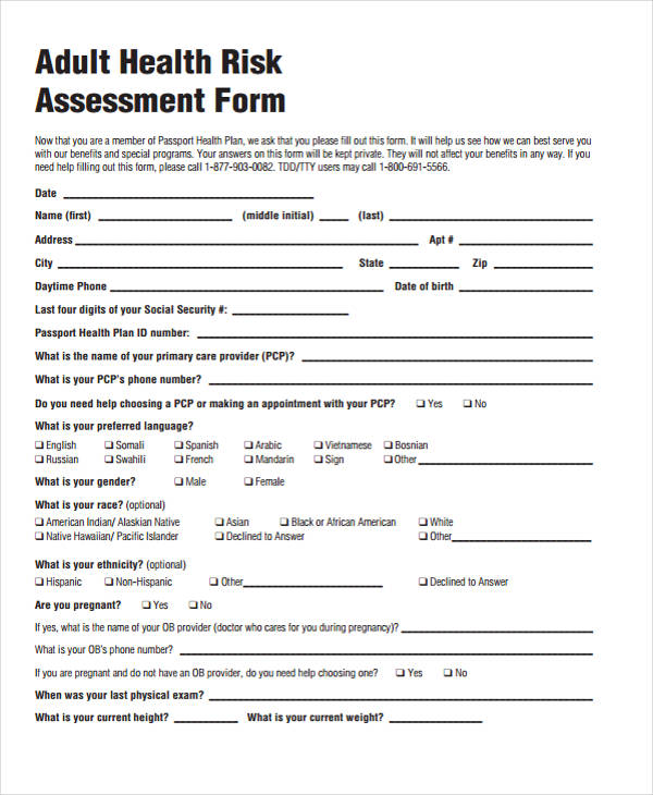 Printable Risk Assessment Forms 