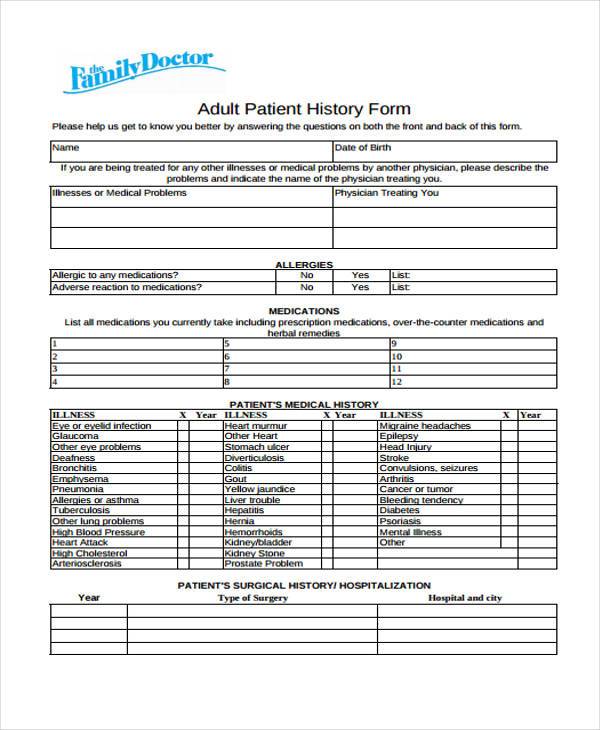 adult patient history form