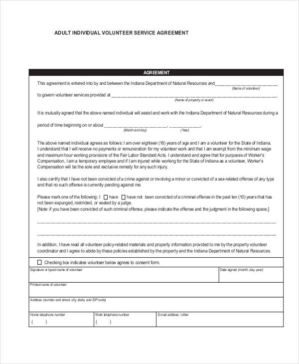 adult volunteer service agreement form