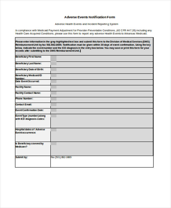 adverse events notification form