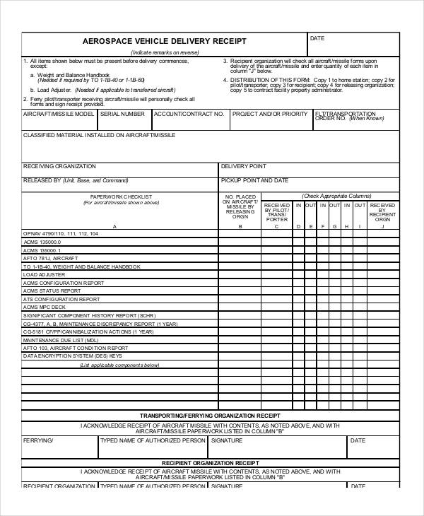 aerospace vehicle delivery receipt form