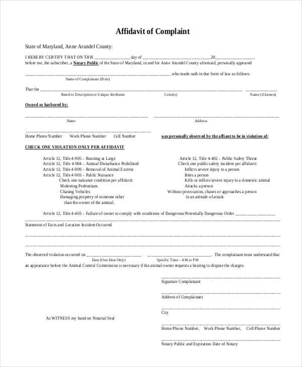 affidavit complaint sample form