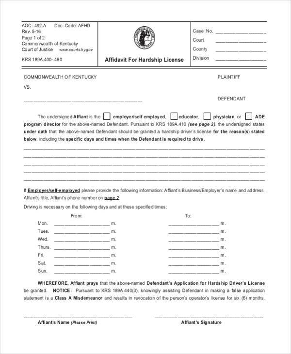 affidavit for hardship license