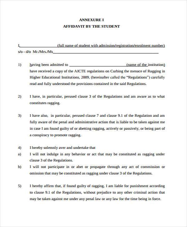 affidavit form by student example