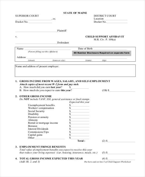 affidavit of child support form