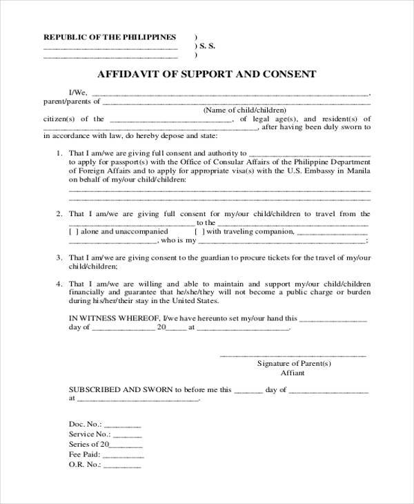affidavit of consent and support form