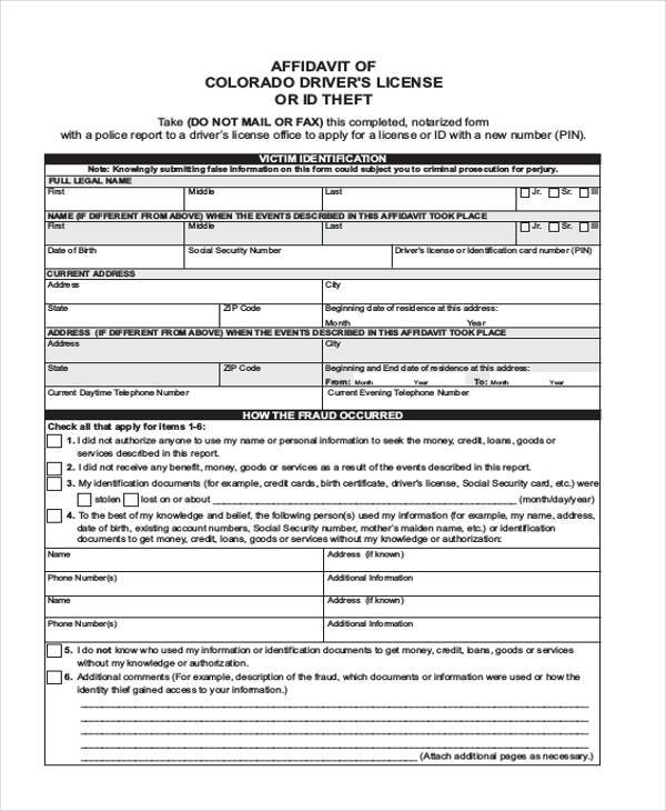 affidavit of loss drivers license form