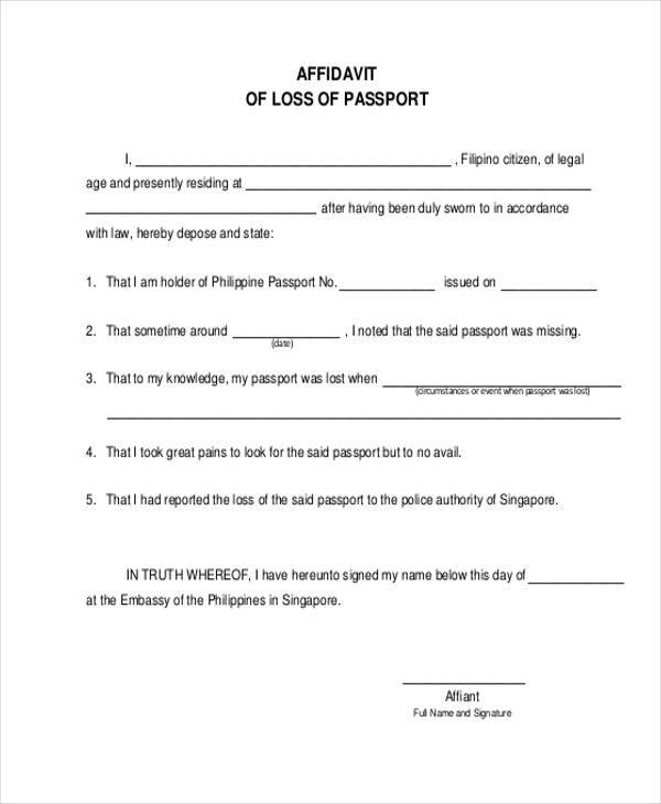 affidavit of loss of passport form