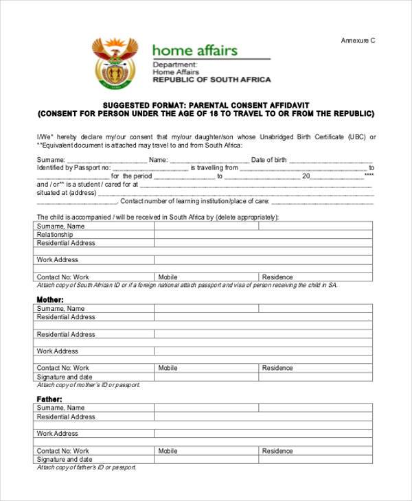 affidavit of parental consent form example