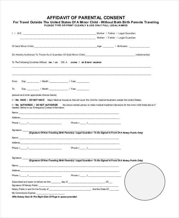 affidavit of parental consent form for travel