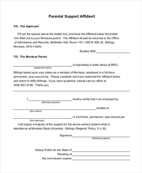 affidavit of support form for parents