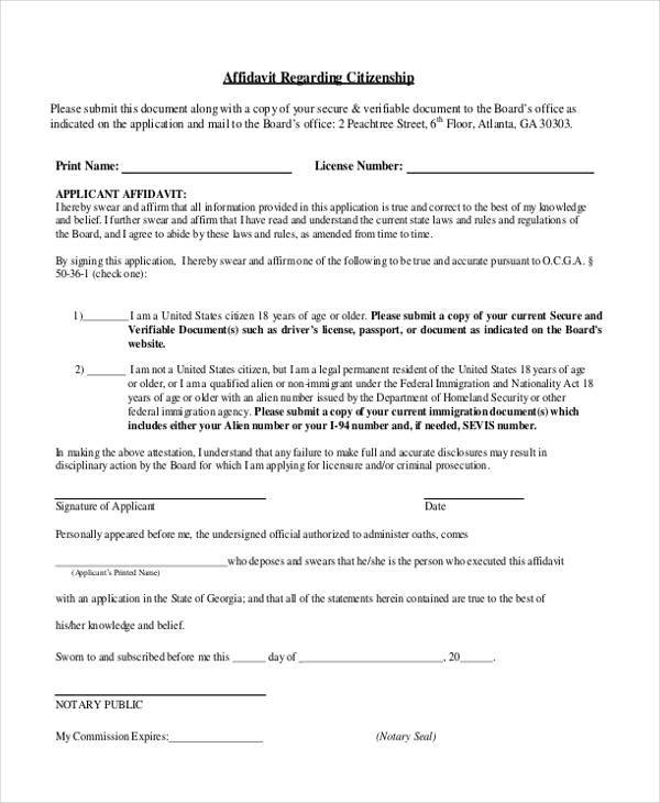 affidavit regarding citizenship form