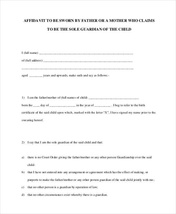 affidavit to sworn form by father 