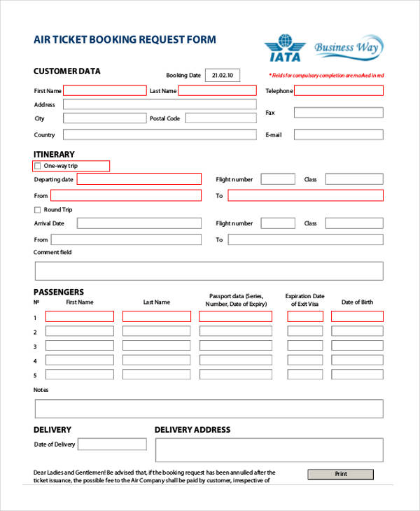 air ticket travel booking request form