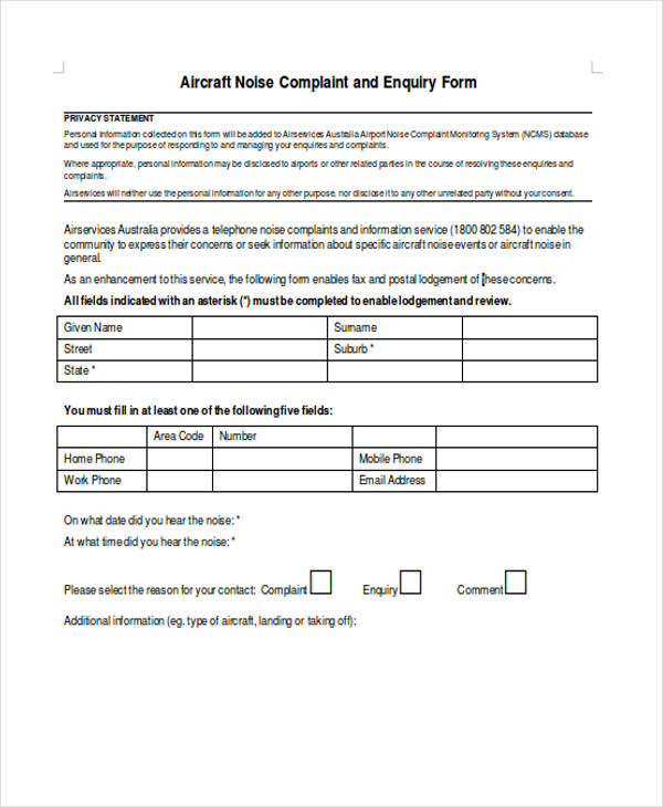 aircraft noise complaint form in doc