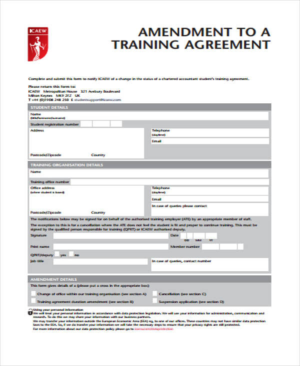 amendment training agreement form